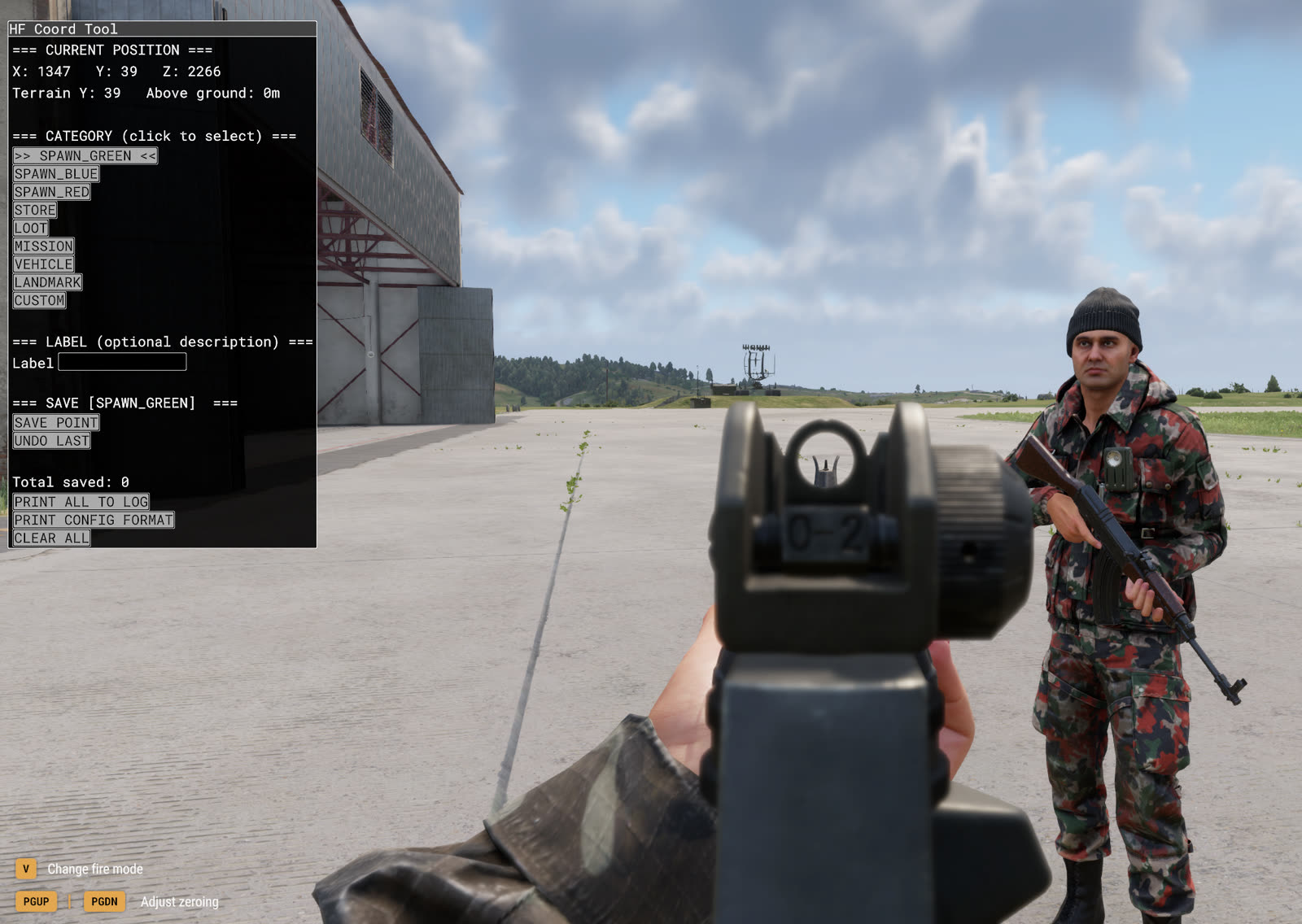 The HF Coord Tool console overlay used to author spawn points